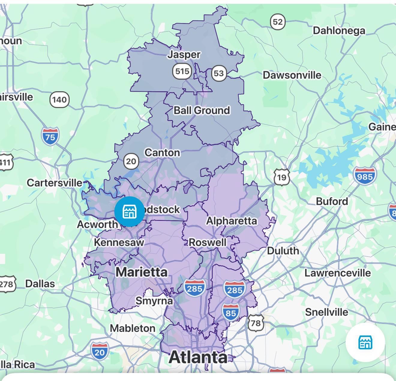Original service coverage reference, with the region from Atlanta north toward Jasper highlighted in purple